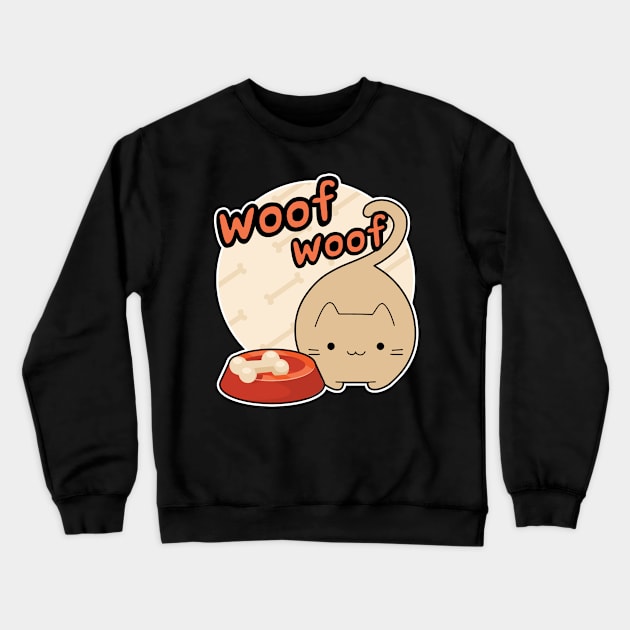 Woof Woof Cat Barking Bone in the Bowl Contradiction Cartoon Crewneck Sweatshirt by GlanceCat